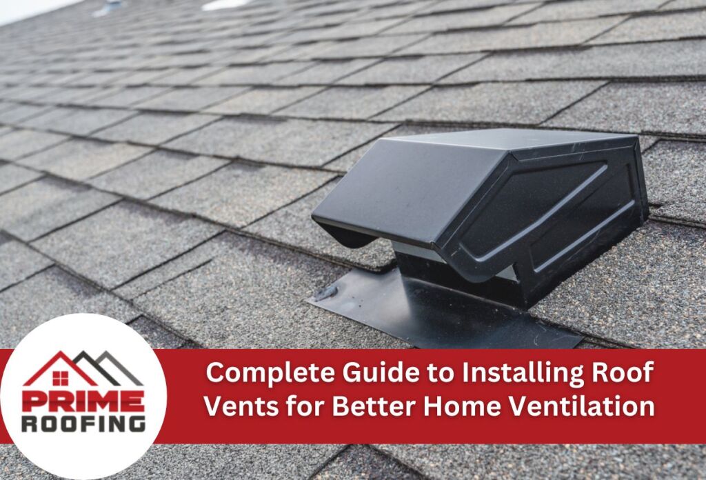 Black roof vent installed on gray asphalt shingles for home ventilation system with Prime Roofing logo