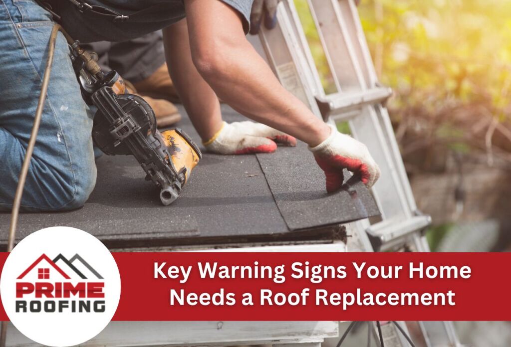 Roofer installing asphalt shingles with nail gun on residential roof, showing professional roofing work and safety