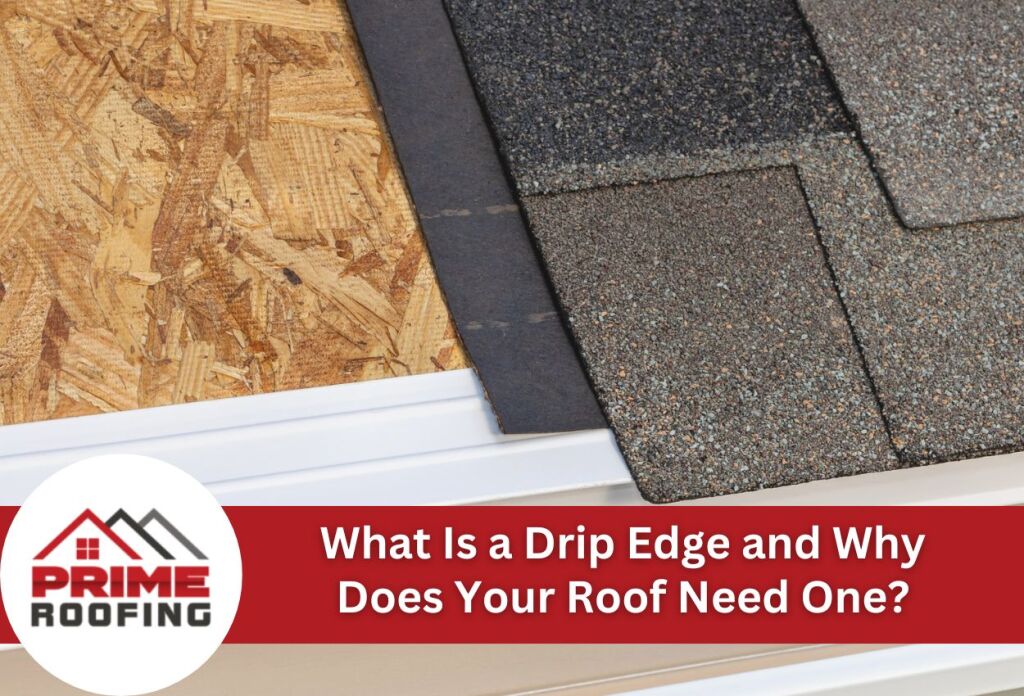 Roof drip edge installation showing wood decking, metal edge flashing, and asphalt shingles for water protection