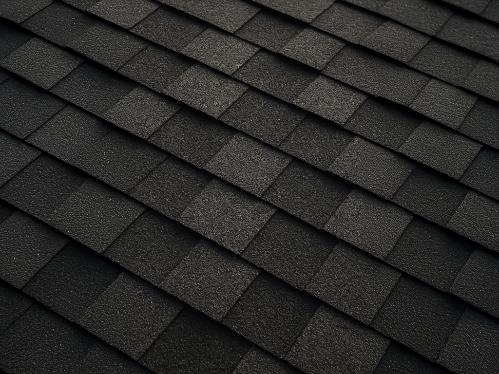 Close-up of dark gray asphalt roof shingles arranged in overlapping rows showing textured surface and layered pattern