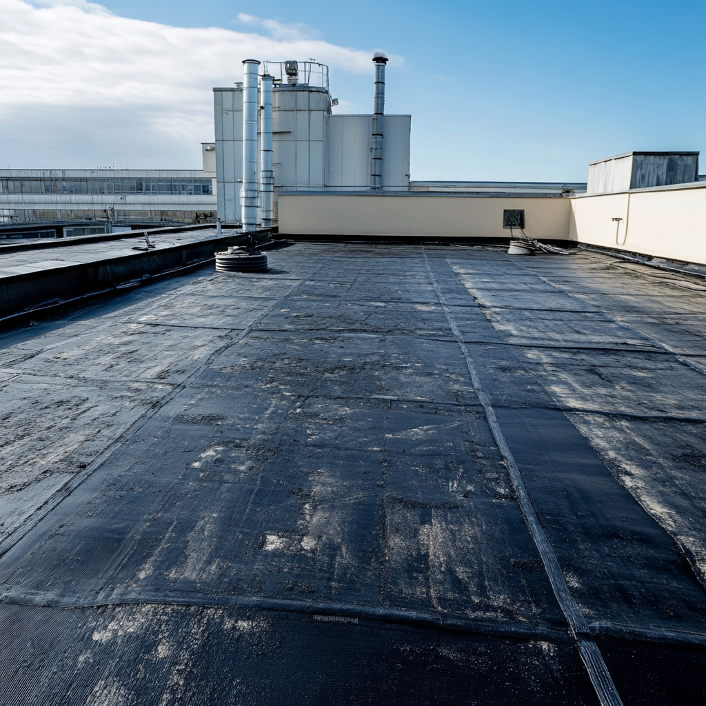 Industrial rooftop with weathered black surface, HVAC systems, and metal ventilation equipment under blue sky