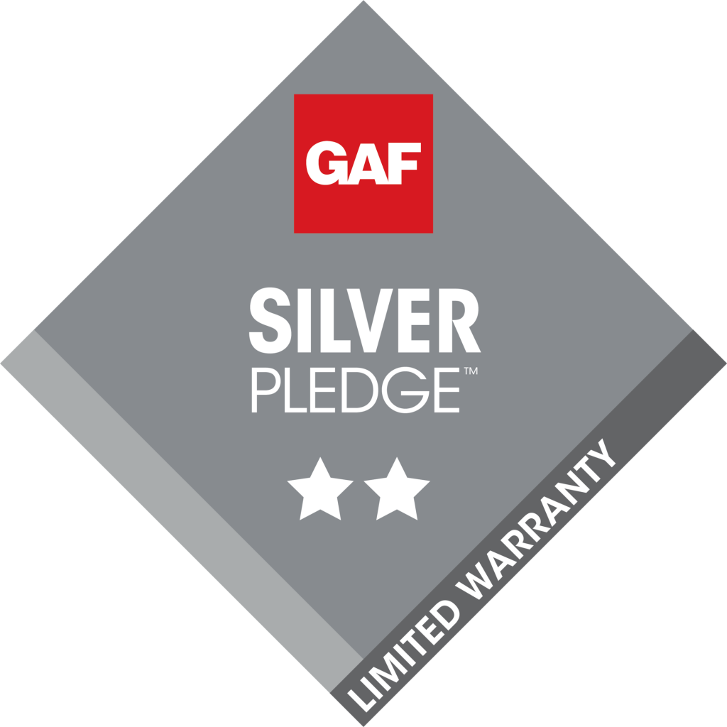 GAF Silver Pledge certification badge with red GAF logo, two white stars, and limited warranty text on gray diamond