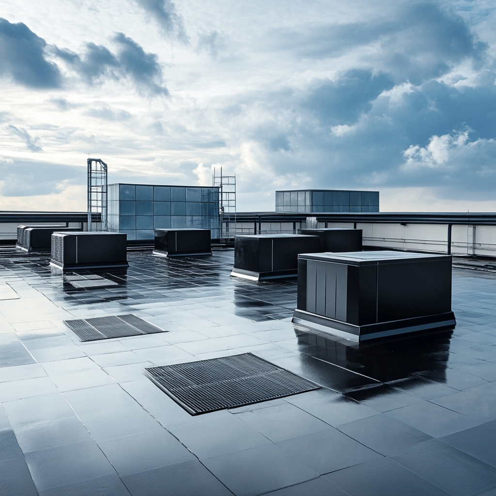Commercial building rooftop with black HVAC units, ventilation grates, and modern glass structures under cloudy sky