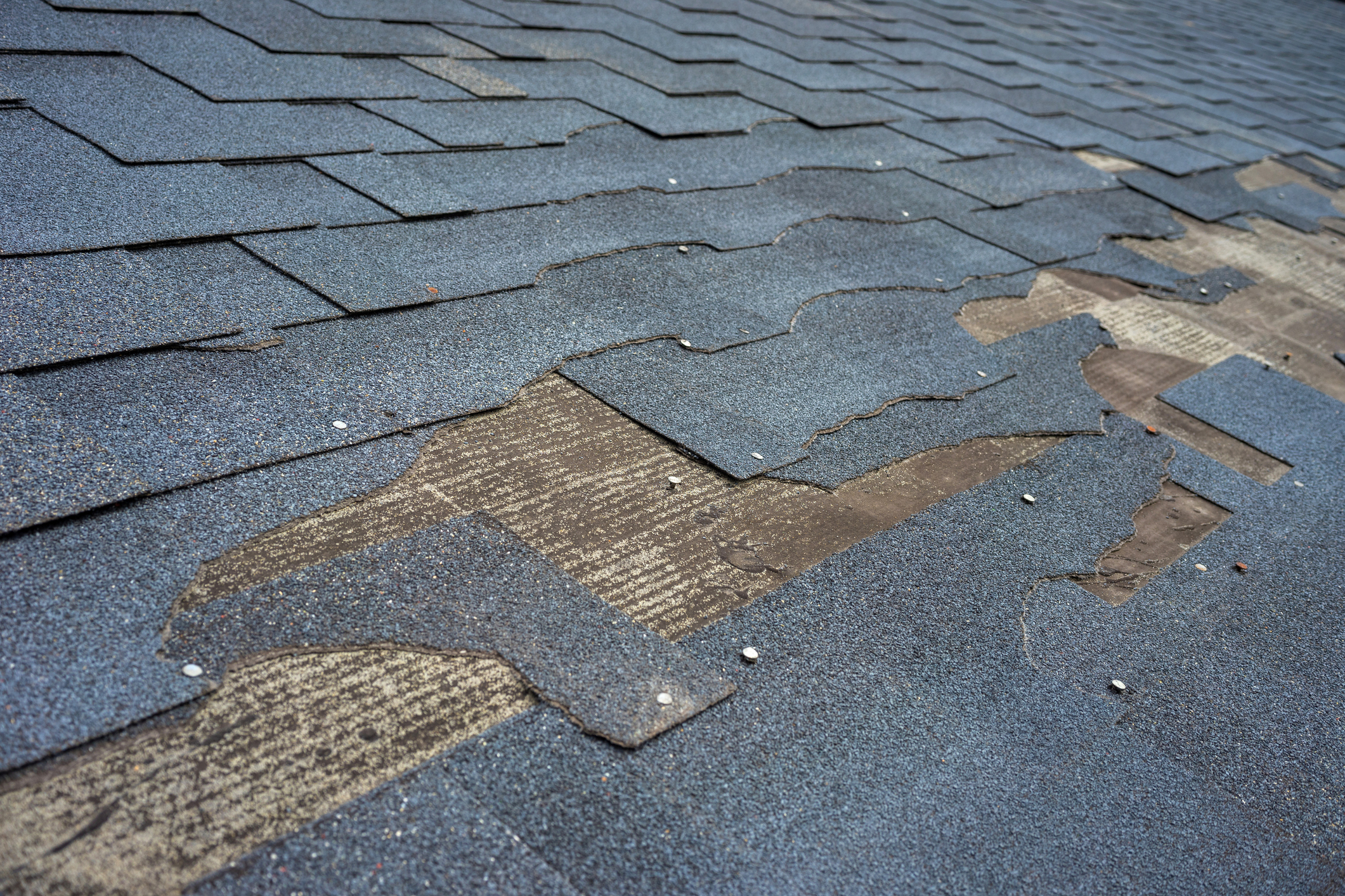 Damaged asphalt roof shingles with exposed underlayment showing wear and deterioration requiring repair