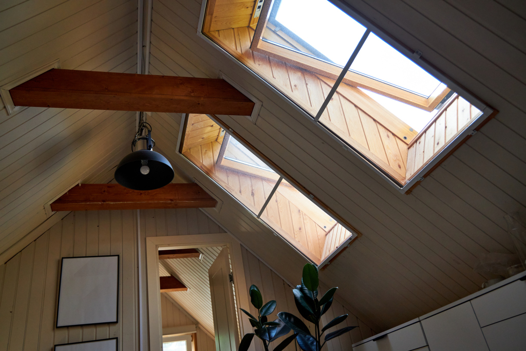 Modern attic interior with wooden beams, large skylights, pendant lamp, and houseplant in bright natural light