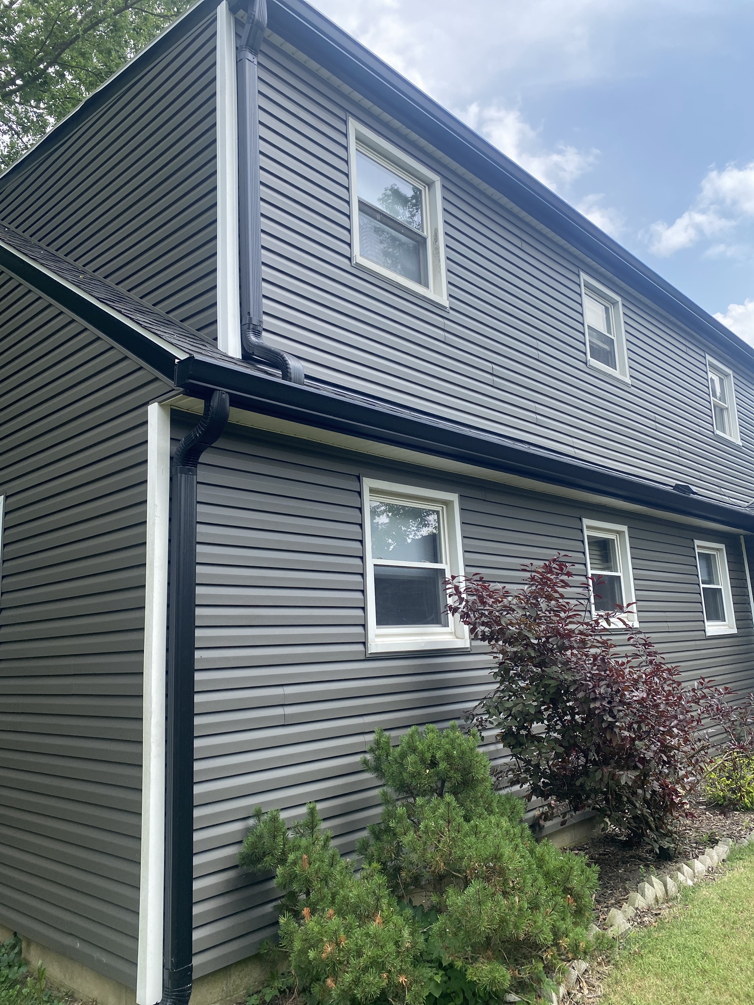 Gray vinyl siding two-story house with white trim windows and dark gutters surrounded by landscaping
