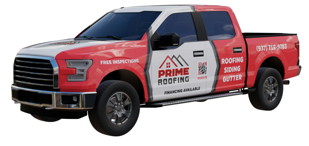 Red and white Prime Roofing company pickup truck with business branding, contact number, and service listings