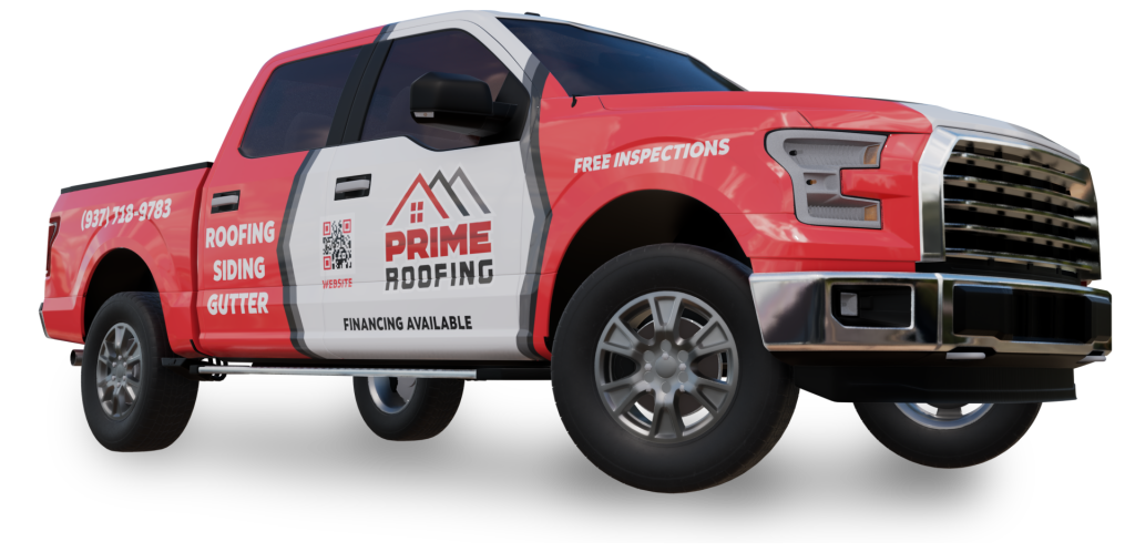 Red and white Prime Roofing service truck with company branding, phone number, and services listed on side