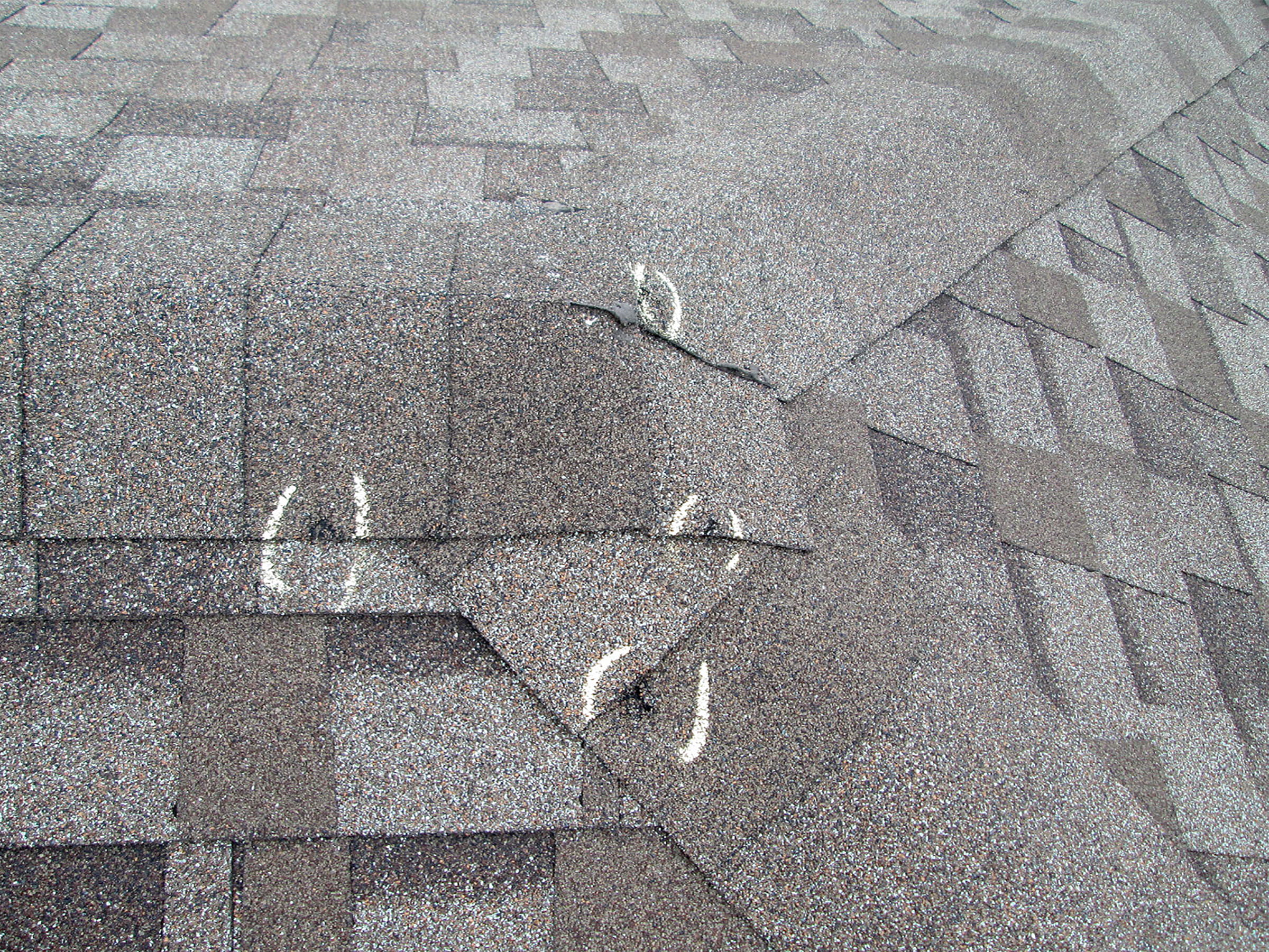Close-up of a shingle roof showing signs of hail damage with chalk circles.