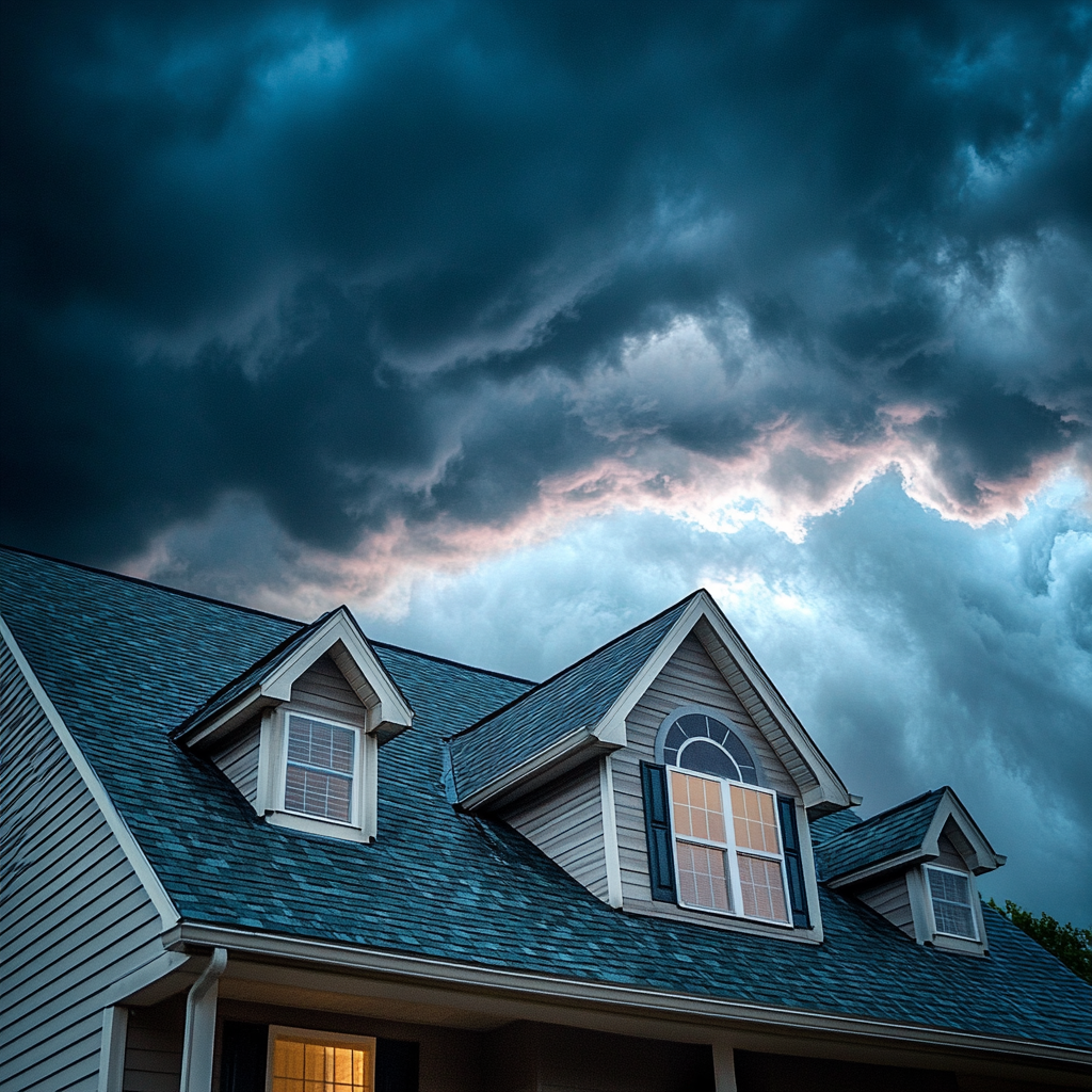 Dramatic storm clouds gathering over residential home with blue shingle roof and dormer windows at dusk