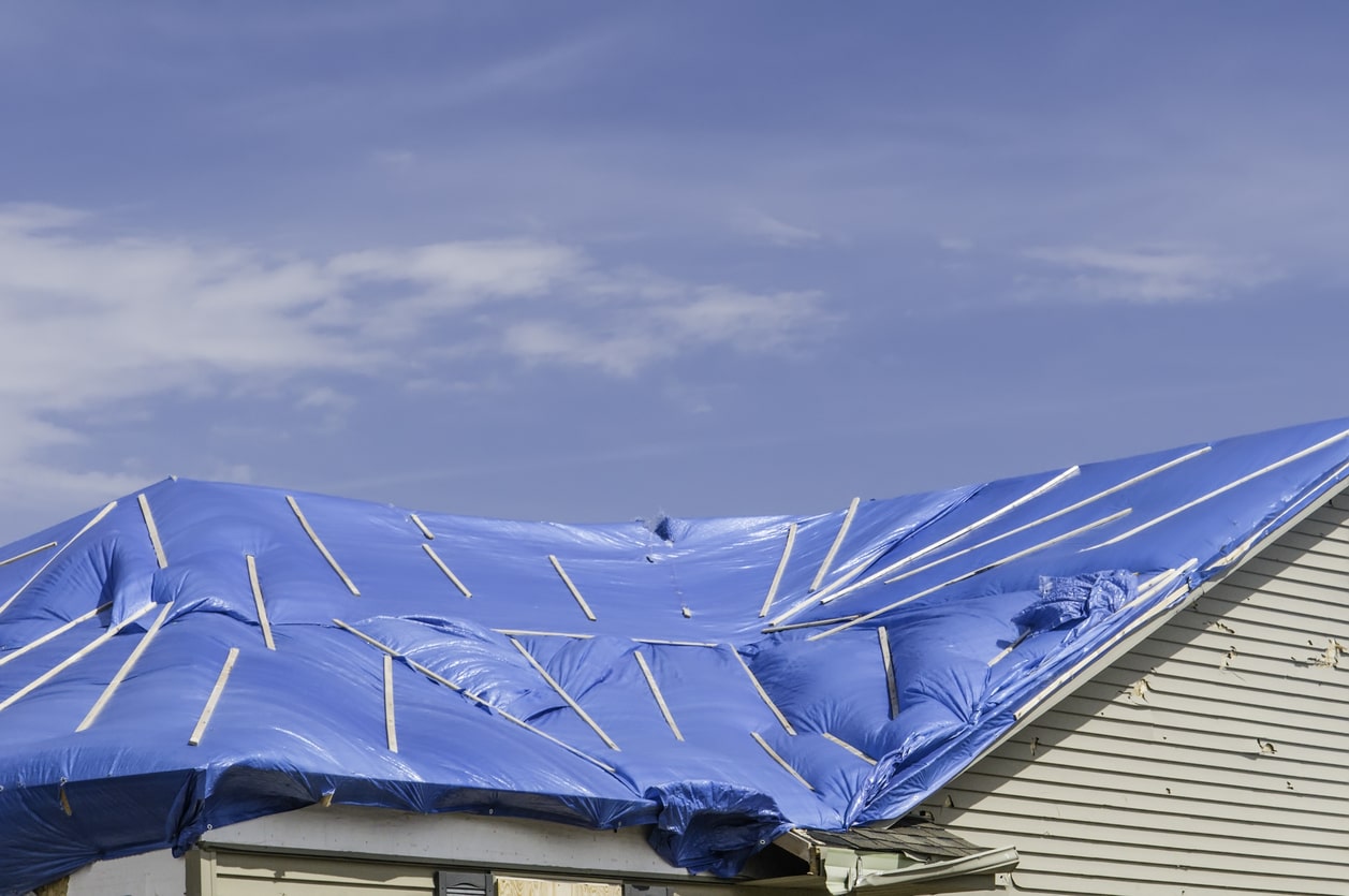 Blue tarp covering damaged roof with exposed wooden frame against cloudy sky, showing storm or weather damage